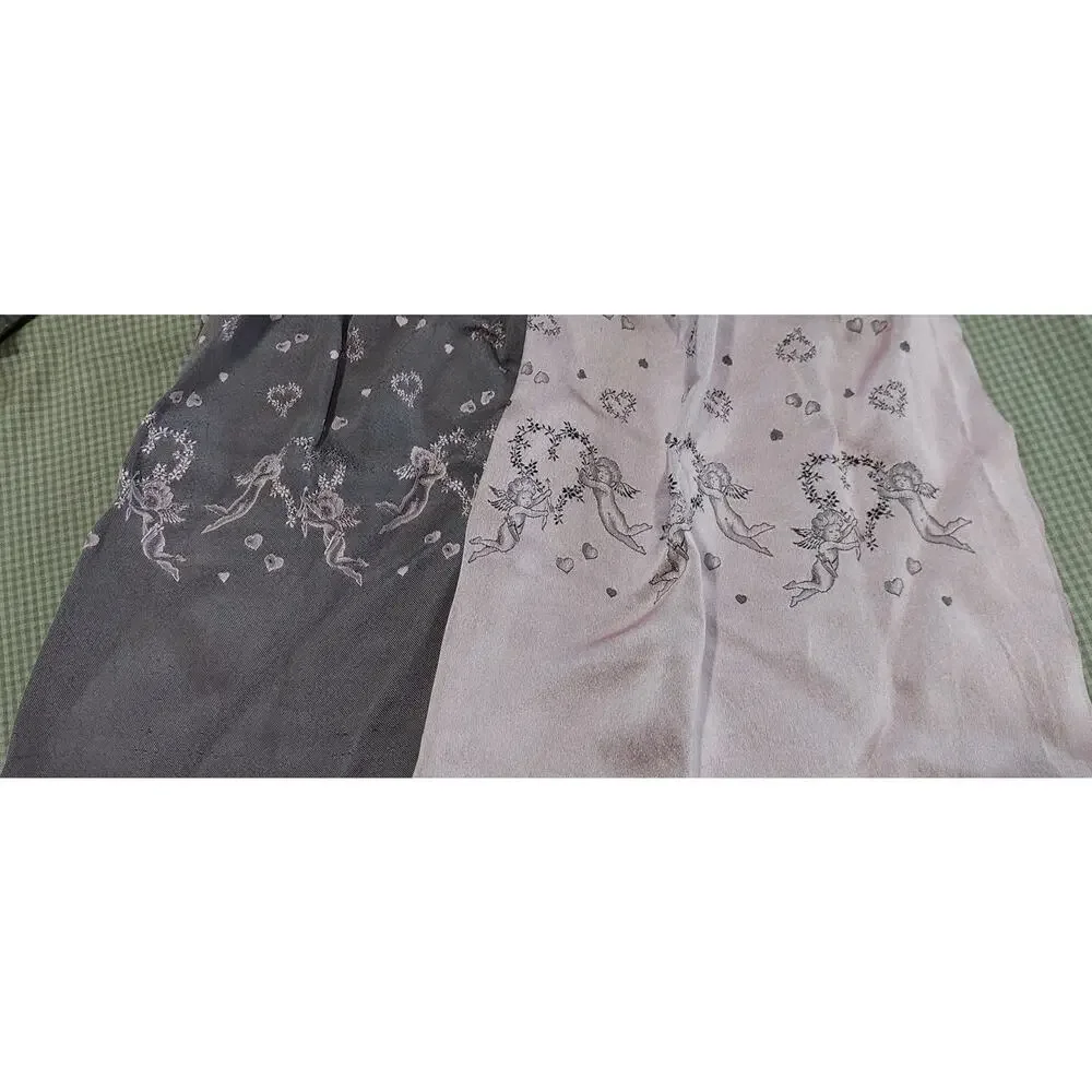 Vntg Soft Pink Gray Reversible Cupid Hearts Valentine Silk Scarf France 42x12